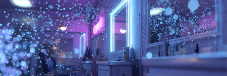 A colorful barbershop atmosphere showcases a neon-lit mirror surrounded by floating hair particles, creating an inviting and lively environment for patrons.の素材