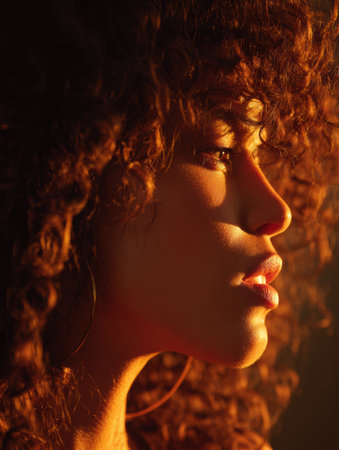 Illuminated by warm golden hour light, natural curls cascade elegantly while capturing a serene side profile full of grace and expression.の素材