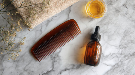 A retro comb and an oil bottle are arranged on a marble surface, complemented by a towel and dried flowers, creating a soothing, aesthetic display.の素材