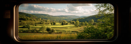 Rolling hills and vibrant green trees fill the landscape as seen from a moving train, bathed in warm sunlight on a peaceful afternoon.の素材