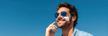 A man stands outdoors, smiling while applying sunscreen to his face. The clear blue sky and bright sunlight enhance the cheerful atmosphere.の素材