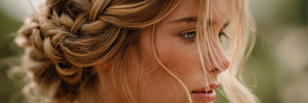 A side braid features natural tones while soft background elements create a gentle focus, highlighting the beauty of the hairstyle and the subject.の素材