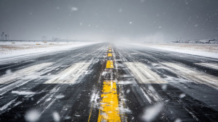 Heavy snow blankets the runway at an airport, reducing visibility significantly and impacting flight operations amidst a winter stormの素材