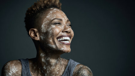 A woman expresses happiness while receiving a facial treatment, her face covered with a light mask, showing natural beauty in a studio environment.の素材