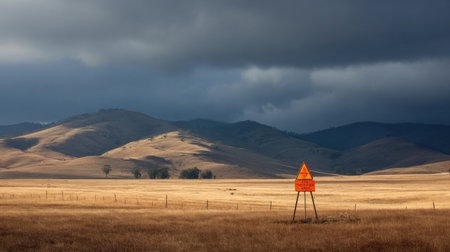A warning sign is positioned on a dry field with rolling hills in the background, as dark clouds loom overhead in a dramatic late afternoon sky.の素材