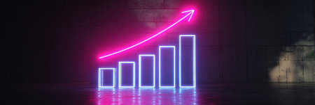 Bright neon bar graph illuminated against a dark backdrop shows an increasing trend, symbolizing growth and progress in a modern setting.の素材