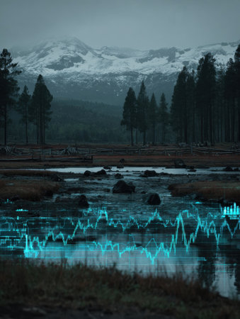 A digital representation of soundwaves overlays a serene river surrounded by tall trees and mountains capped with snow on a cloudy day.の素材