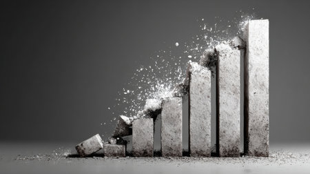 A growing bar graph with concrete bars shows an upward trend while crumbling on the right side, symbolizing challenges in growth and stability.の素材