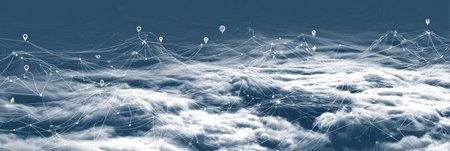 Complex network of connections and data points forming a web above clouds, illustrating digital communication and technology advancements.の素材