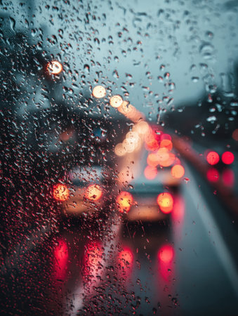 Rain droplets create a blurry effect on the window as red and yellow lights illuminated traffic during evening rush hour in a bustling city.の素材