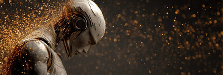 A robot figure releases golden particles in a dark, modern setting, blending technology and artistry under the night sky.の素材