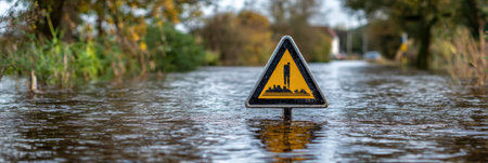 Rising water levels engulf a rural road sign, signaling caution amid the flooded surroundings, showing casing autumn foliage and environmental impact.の素材