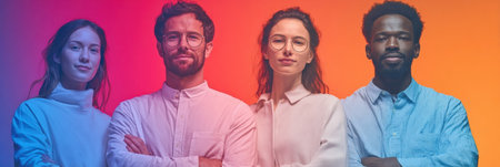 Four diverse individuals stand side by side in a creative studio, showing unique styles and expressions against a colorful gradient backdrop.の素材