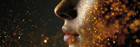 A profile silhouette showcases sparkling particles that symbolize skin renewal, reflecting a theme of beauty, health, and transformation.の素材