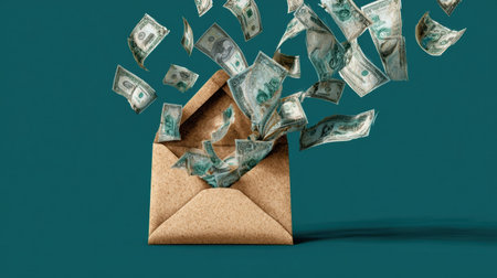 An envelope opens with cash erupting from within, illustrating themes of financial gain and unexpected fortune in a vibrant settingの素材