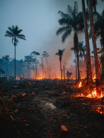 Smoke and flames rise as a wildfire consumes trees in a tropical area, casting an ominous glow in the sky during evening hours.の素材
