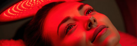 A woman is relaxing under a red light therapy lamp, experiencing the soothing glow as she focuses on her wellness and skin rejuvenation.の素材