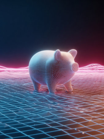 A piggy bank is displayed in a wireframe style against a colorful neon grid background, symbolizing modern savings and digital finance.の素材