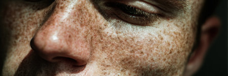 A freckled man is softly lit in a portrait, highlighting the unique textures of his skin and celebrating individuality.の素材