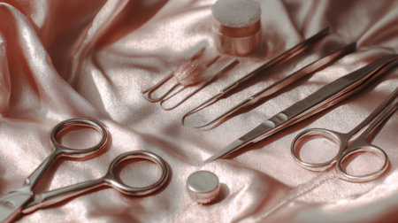 Collection features beauty products and small surgical instruments displayed on a smooth neutral fabric, highlighting an organized aesthetic approach.の素材