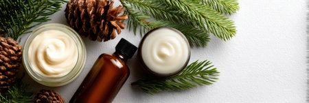 Two jars of cream and a bottle of oil surrounded by pinecones and evergreen branches evoke a warm winter atmosphere perfect for skincare enthusiasts.の素材