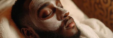 A man enjoys a facial treatment, lying comfortably with a mask on his face at a spa. Soft lighting creates a serene atmosphere for relaxation.の素材