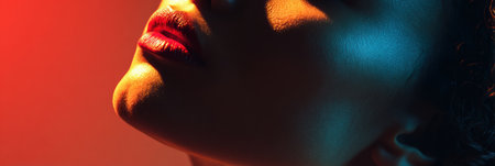 A womans silhouette is illuminated by glowing lipstick, showcasing elegance and beauty against a striking red and blue backdrop in a well-lit environment.の素材