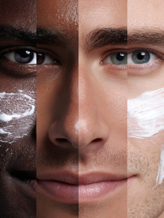 Two men are featured with diverse skin tones, each applying different skincare products, emphasizing self-care and beauty routines at a spa.の素材