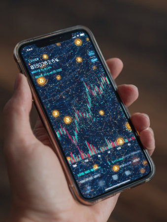 Hand holding smartphone displaying a vibrant trading graph highlighting Bitcoin prices with various price markers illuminated in real time.の素材