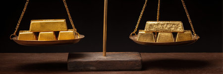 Two trays of gold bullion bars showcase a visual comparison of wealth and investment options against a dark backdrop.の素材