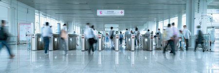 Commuters hustle through a bustling metropolitan transport station, passing through turnstiles and heading towards platforms in the morning rush.の素材