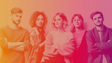 Five young adults stand together with arms crossed, showing diverse styles against a vibrant gradient backdrop, indicative of a modern social gathering.の素材