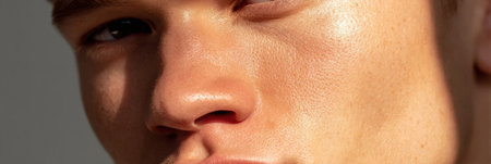 Close-up of a young man showcasing his defined facial features and interesting expression highlighted by soft lighting in a fashion settingの素材