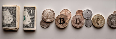 Dollar bills are arranged alongside coins, including cryptocurrency tokens, highlighting a contrast between traditional and digital currency.の素材