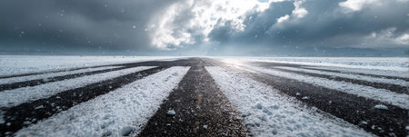 A wide runway blanketed in snow stretches into the distance, with dark clouds looming overhead and rays of sunlight breaking through.の素材