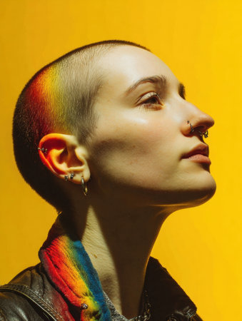 A person with a shaved head gazes upward, adorned with piercings and a colorful rainbow reflecting on their skin against a vibrant yellow backdrop.の素材