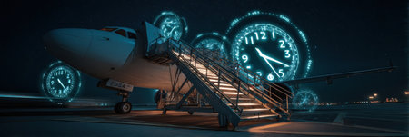 An airplane rests on the runway illuminated by bright lights, surrounded by futuristic glowing clocks that signify different times in the night sky.の素材