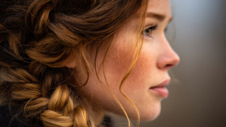 A detailed view of a side braid highlighting natural hues against a gentle background, conveying a calm and relaxed atmosphere in the moment.の素材