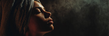 Steam facial session in a tranquil setting, highlighting soothing steam and towel draped over the head, creating a serene atmosphere.の素材