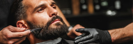A man sits in a chair at a barberの素材