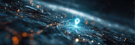Digital map shows illuminated city layout with glowing lines and a prominent location marker, representing advanced navigation technology in modern life.の素材