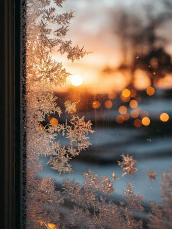 Frosted window showcases intricate snowflakes as a vibrant sunset casts warm colors and creates soft bokeh lights, signaling a chilly winter eveningの素材