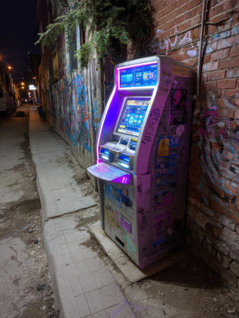 A brightly lit ATM is positioned on a narrow alleyway adorned with vibrant graffiti, reflecting nightlife in an urban setting.の素材