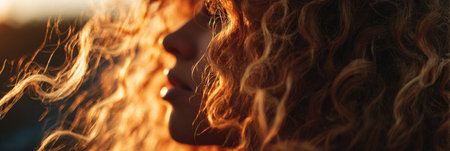 Curls catch golden light during the evening, highlighting texture and warmth while a soft breeze enhances the tranquil moment captured from a side view.の素材