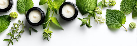 Herbal extracts and creams are displayed on a white surface, emphasizing the natural ingredients used for skincare and self-care aesthetics.の素材