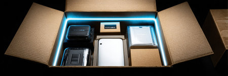 A neatly arranged delivery box holds tech gadgets, a portable device, wrapped accessories, and small components illuminated by blue light.の素材