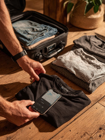 Person organizes clothes in a suitcase using a mobile device for travel preparation while seated on a wooden surface.の素材