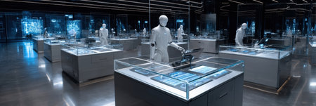 High-tech gallery features humanoid figures engaging with interactive displays showcasing advanced technology in a sleek, modern environment.の素材