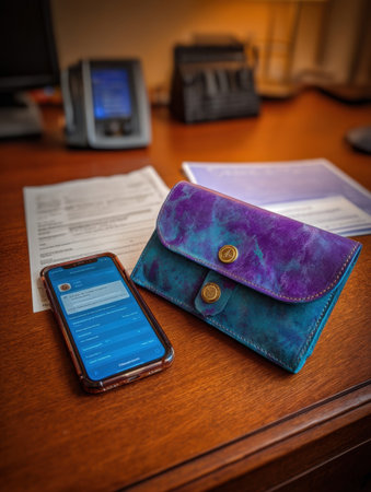 A mobile phone with a bright blue application screen rests next to a colorful wallet on a wooden desk surrounded by documents in an office setting.の素材