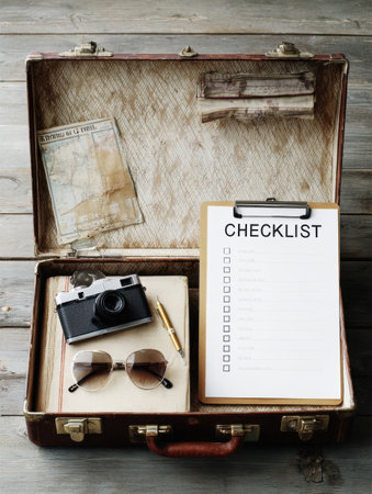 An open vintage suitcase reveals a checklist, a map, a classic camera, and sunglasses, showing essential travel preparation items on wooden planks.の素材